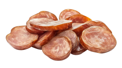 Sliced Boiled Sausage Pieces with Juicy Texture Isolated on White Background