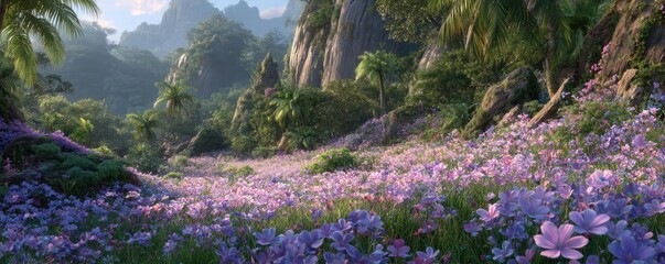 Obraz premium Blooming flowers in meadow surrounded by vibrant nature gardens concept. Vibrant landscape filled with blooming flowers and lush greenery.