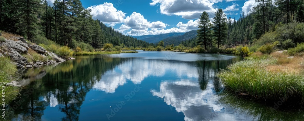 Poster scenic view of lake in pine forest under cloudy blue sky concept. a serene landscape with tranquil w
