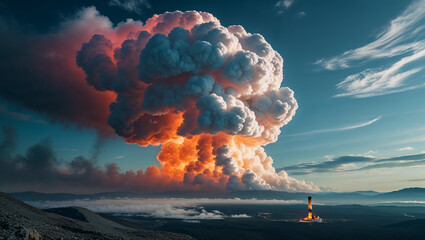 Burning rocket launchpad creating huge orange and white smoke cloud