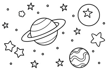 Planets, stars, and a cloud are illustrated as simple black outlines across a white backdrop
