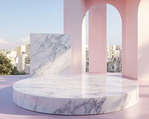 Modern, minimalist marble podium backdrop against city view.