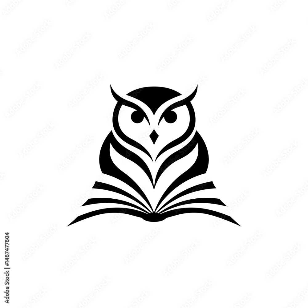 Poster wise owl's wisdom: a symbolic representation of an owl perched upon an open book, it merges knowledg