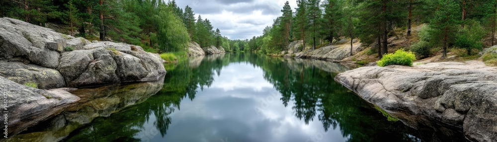 Poster scenic view of lake in pine forest under peaceful nature concept. serene river surrounded by lush tr