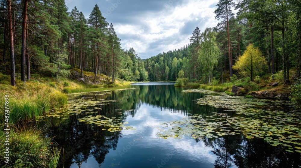 Poster scenic view of lake in pine forest under cloudy blue sky concept. tranquil forest scene with a seren