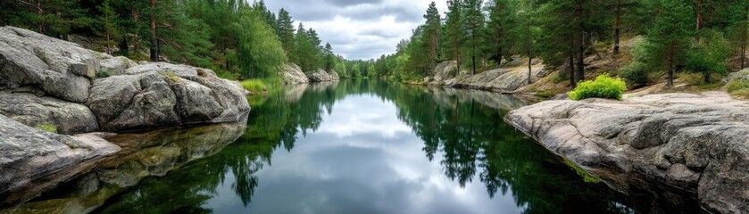 Obraz premium Scenic view of lake in pine forest under peaceful nature concept. Serene river surrounded by lush trees and rocky formations.