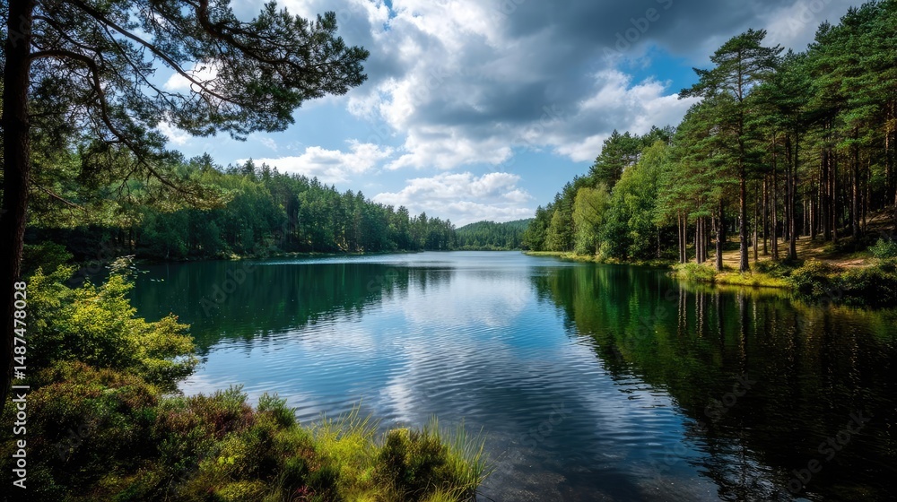 Poster scenic view of lake in pine forest under cloudy blue sky concept. tranquil lake surrounded by lush g