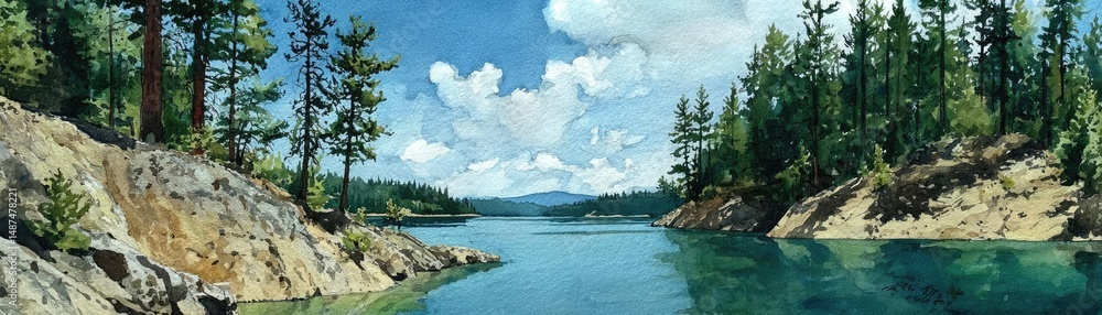 Poster scenic view of lake in pine forest with rock and trees concept. serene lake surrounded by lush green