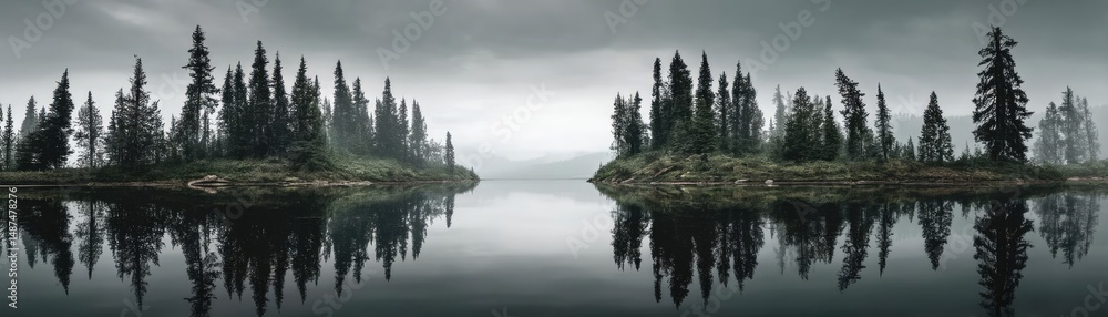 Poster scenic view of lake in pine forest under cloudy blue sky concept. a serene forest landscape mirrored