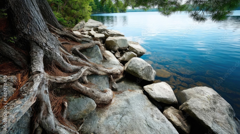 Poster Scenic view of lake in pine forest with rock and trees concept. Scenic view of tree roots and rocks by a calm lake.