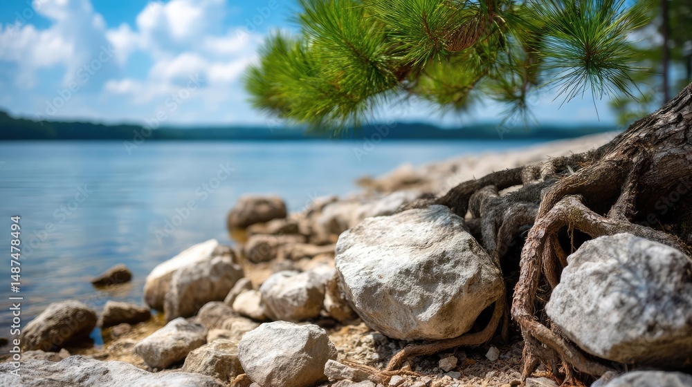 Poster scenic view of lake in pine forest with rock and trees concept. serene lakeside view with rocks, roo