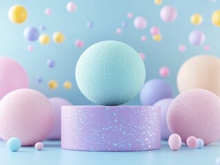 Pastel-colored spheres on a platform against a light blue background.