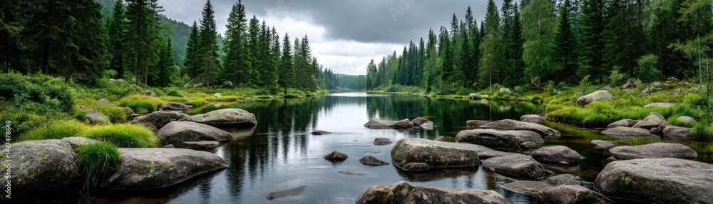 Poster scenic view of lake in pine forest under peaceful nature concept. a serene landscape featuring a tra