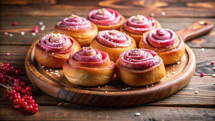 Warmly lit, soft-focus shot of freshly baked cinnamon rolls with swirls of pink frosting atop a rustic wooden plate, surrounded by a hint of sugar and sprinkles , sweet desserts, dessert table