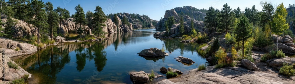Aufkleber scenic view of lake in pine forest with rock and trees concept. a serene landscape featuring a tranq