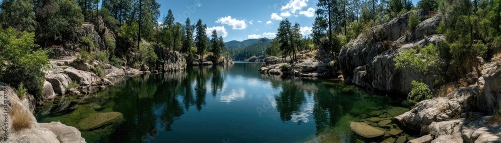 Poster Scenic view of lake in pine forest with rock and trees concept. Serene lake reflection surrounded by lush greenery and rocky cliffs.