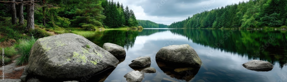 Aufkleber scenic view of lake in pine forest under peaceful nature concept. serene lakeside view with stones a