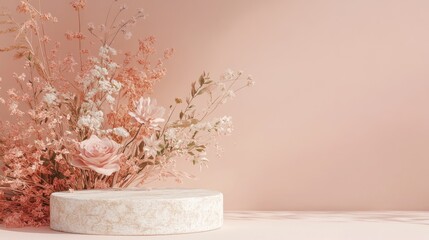 Elegant, pastel-toned display podium adorned with dried flowers.