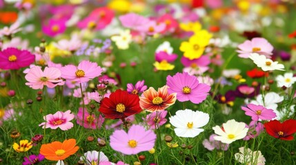 Fototapeta premium Vibrant Cosmos Flowers Blooming Meadow Spring Summer Colorful Nature Red Pink White Image Scene