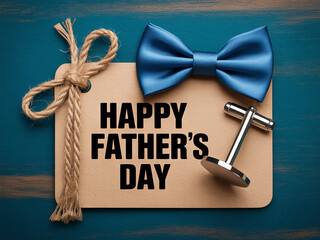father’s day tag with blue bow tie rope and cufflink on wooden background greeting card concept flat lay top view