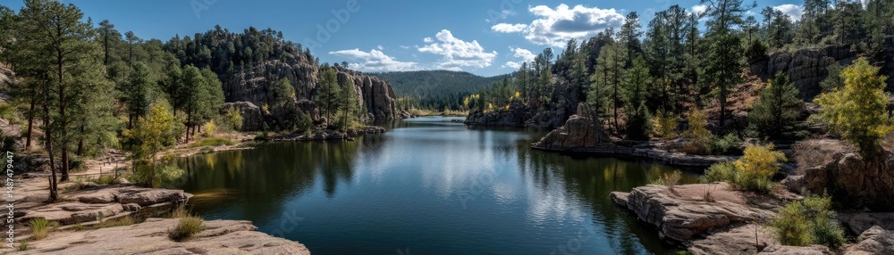 Poster scenic view of lake in pine forest with rock and trees concept. a serene landscape featuring a tranq