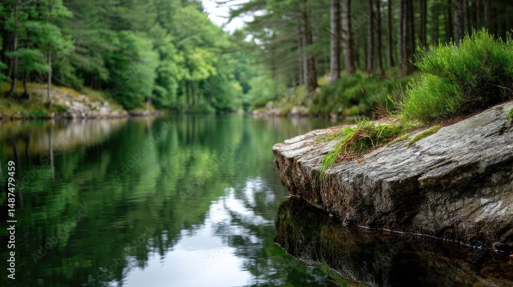 Poster scenic view of lake in pine forest under peaceful nature concept. serene forest landscape with a cal
