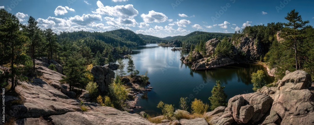 Aufkleber scenic view of lake in pine forest with rock and trees concept. breathtaking panoramic view of seren