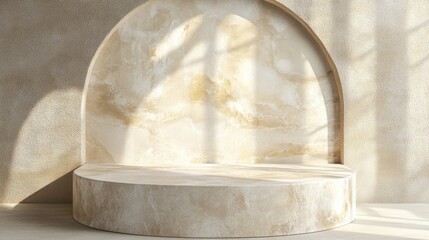 Beige, minimalist pedestal display stage with arch.
