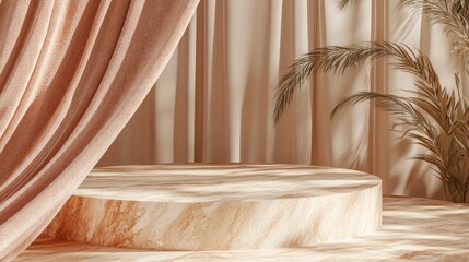 Elegant, light-toned, wooden podium backdrop with curtains and palm leaves.
