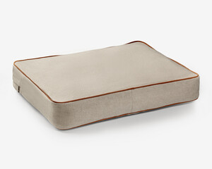 Comfortable rectangular pet bed with leather piping on white background