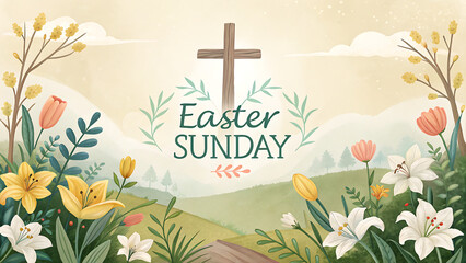 Spring vector floral design illustration for an Easter greeting card background with flowers