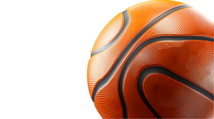 Close up of a textured orange basketball with transparent lines on a transparent background in studio lighting