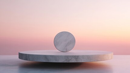 Light-toned, round, marble platform with a circular object.