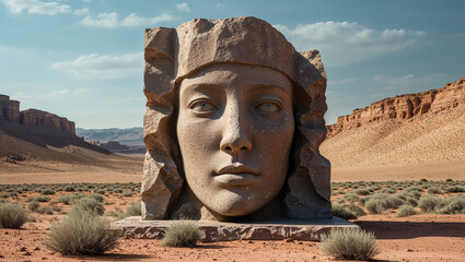 Fototapeta premium Giant stone face emerging from desert landscape