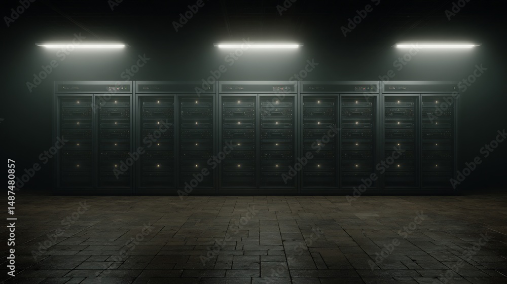 Aufkleber data center servers array with illuminated rack arrays in a dark room