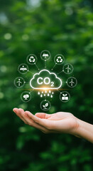 Go Green: Sustainable Energy Solutions & CO2 Reduction. Clean Future on Your Hand. Save Planet Now!