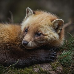 A European pine marten sleeping curled up, pure background
