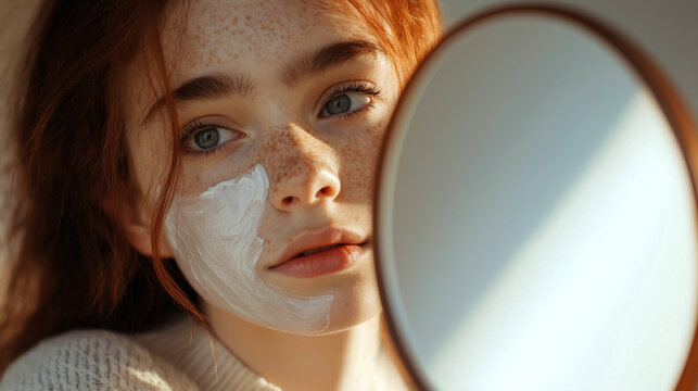 Teenage girl with freckles applying skincare while looking in the mirror during morning routine at home