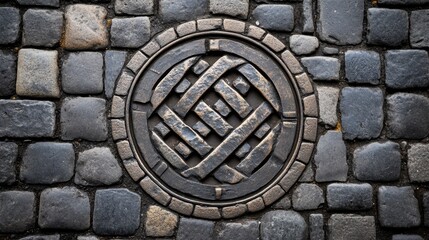 Obraz premium Decorative manhole cover design photographed in the center of old stone road