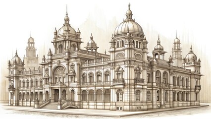 Obraz premium Detailed pencil sketch of a grand with intricate architecture and ornate details , pencil drawing, detailed illustration