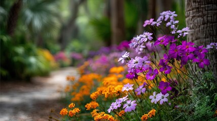 Blooming flowers in meadow surrounded by vibrant nature gardens concept. Vibrant flowers blooming along a serene garden pathway.