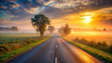 Misty Two-Lane Road at Sunset, rural road, deserted road,  rural road
