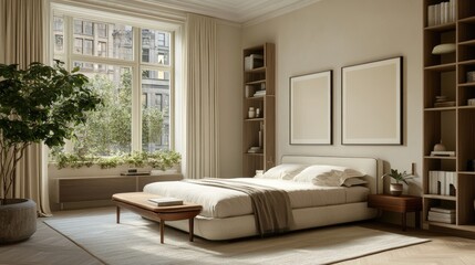 Fototapeta premium Spacious, modern bedroom with city views.