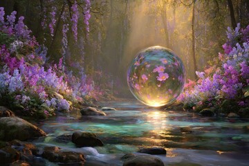 Spring fantasy realism with glass sphere of flowers hovering just above clear river waters, sparkles and mist