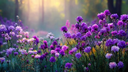 Obraz premium Blooming flowers in meadow with dreamy landscapes and gardens concept. Vibrant purple flowers in a sunlit meadow during early morning.