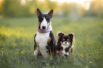 bull terrier and chihuahua dogs sitting together on grass in summer at golden hour