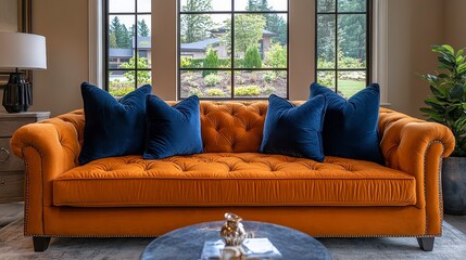 Cozy orange sofa with blue pillows near windows in a bright and airy living room