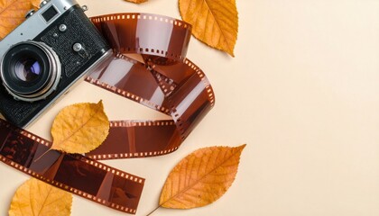 Vintage camera with film and autumn leaves photography setup studio aesthetic close-up creative concept