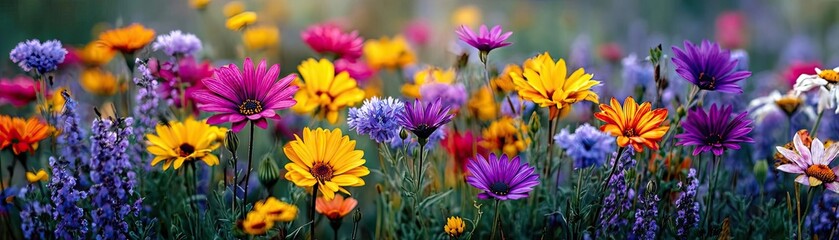 Fototapeta premium Blooming flowers in meadow surrounded by vibrant nature gardens concept. Vibrant flowers in full bloom, showcasing nature's beauty and color.