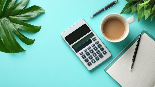 Budget flat lay with laptop notebook calculator smartphone coffee cup glasses and financial statement reports on blush pink to sky blue gradient pastel background - Powered by Adobe